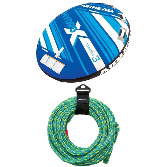 Airhead Hydro-X 3 Person Nylon Towable Tube and  Airhead 60 ft UV Resistant 4-Rider Tow Rope for Towable Tubes, Green