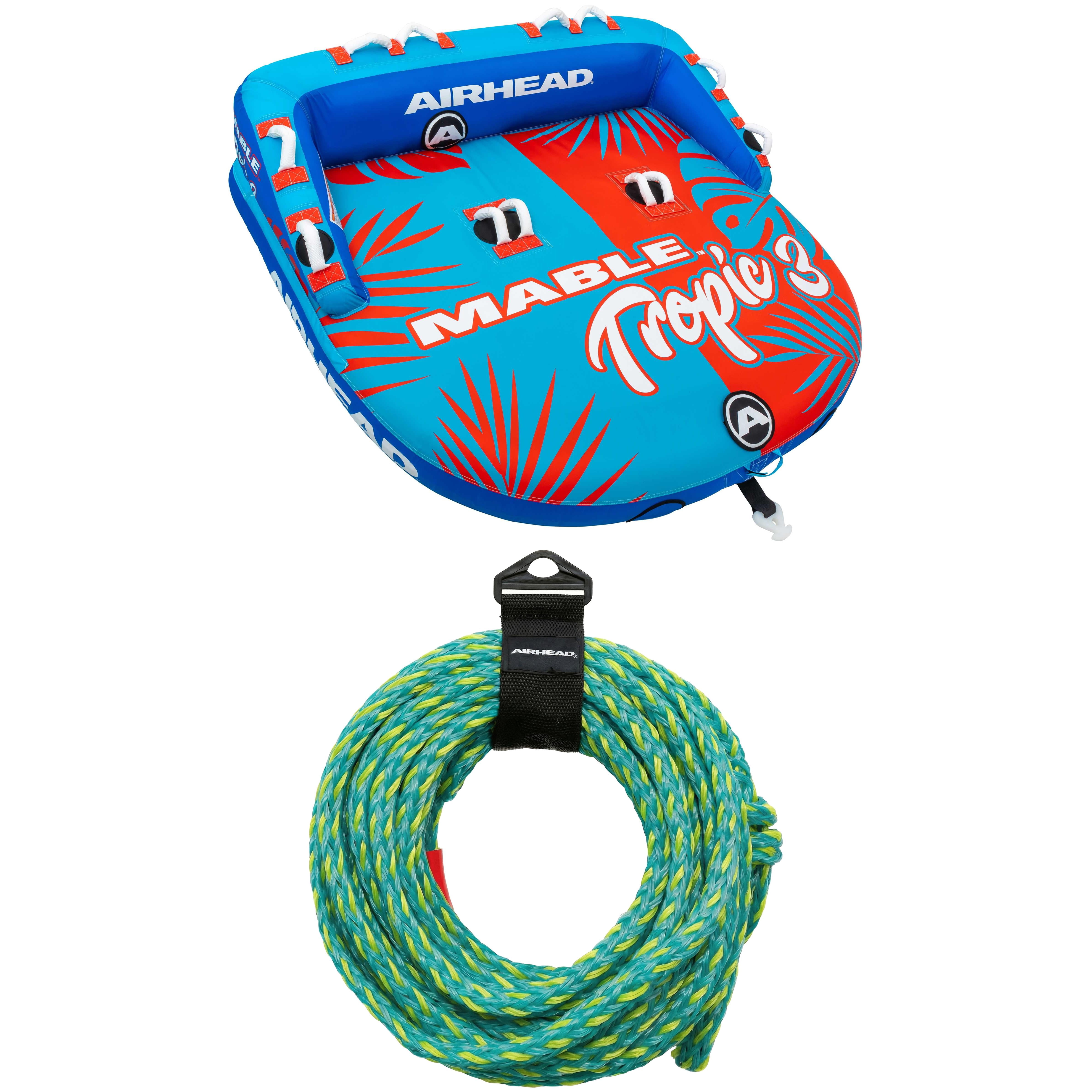 Airhead Mable Tropic 3-Person Towable Tube and 60ft UV Resistant Tow Rope Bundle, Includes Towable Tube and Tow Rope