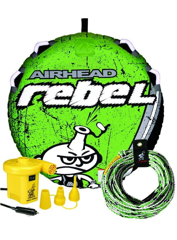 Airhead Rebel Towable Boat Tube Float Kit with Rope & Pump, Heavy-Duty Nylon, Green