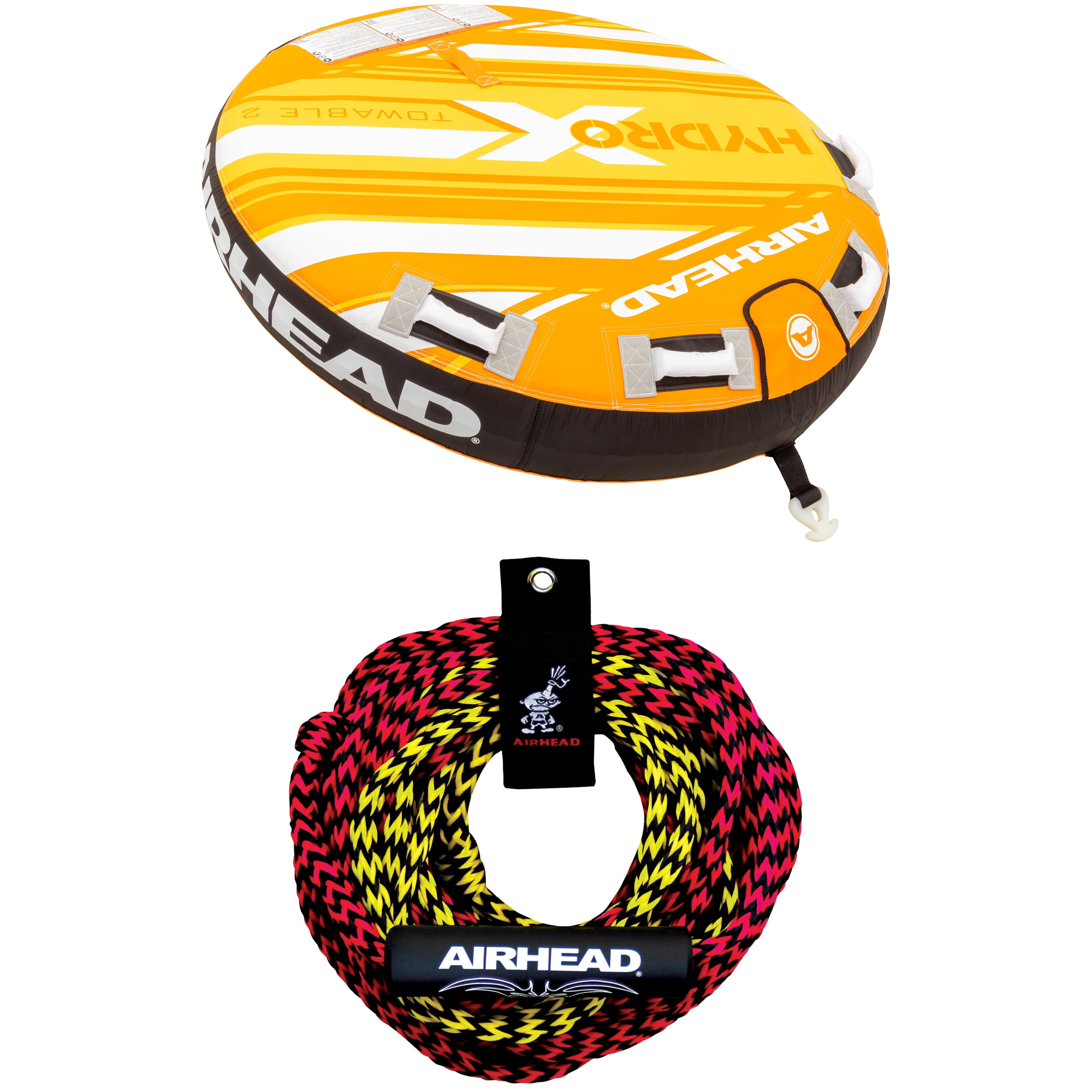Airhead Hydro X 2-Person Towable Tube and 2 Section UV Resistant Tube Tow Rope Bundle, Includes Towable Tube and Tow Rope