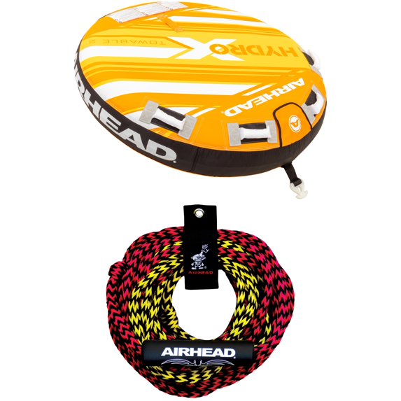 Airhead Hydro X 2-Person Towable Tube and 2 Section UV Resistant Tube Tow Rope Bundle, Includes Towable Tube and Tow Rope