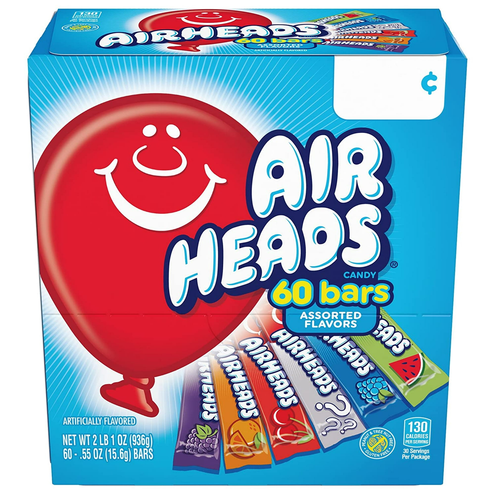 Airheads Candy Bars, Variety Stocking Stuffers Bulk Box, Chewy Full Size Fruit Taffy, Gifts, Back to School for Kids, Non Melting, Party 60 Count (Packaging May Vary)