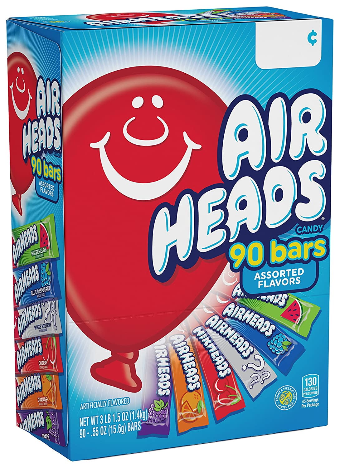 Airheads Candy Bars, Variety Stocking Stuffers Bulk Box, Chewy Full Size Fruit Taffy, Gifts, Back to School for Kids, Non Melting, Party 90 Count (Packaging May Vary)