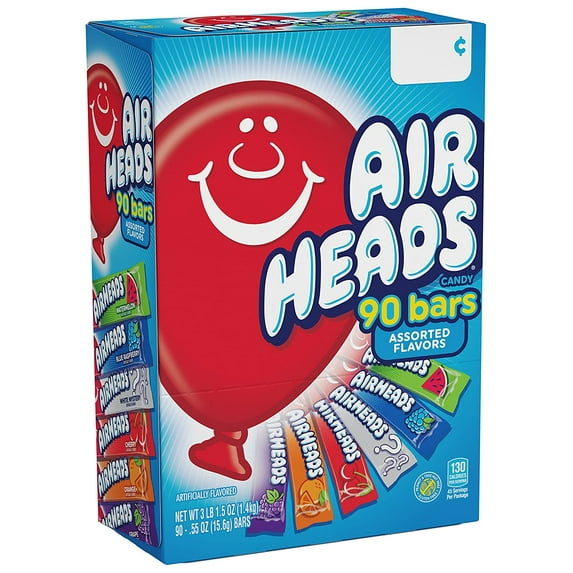 Airheads Candy Bars, Variety Stocking Stuffers Bulk Box, Chewy Full Size Fruit Taffy, Gifts, Back to School for Kids, Non Melting, Party 90 Count (Packaging May Vary)