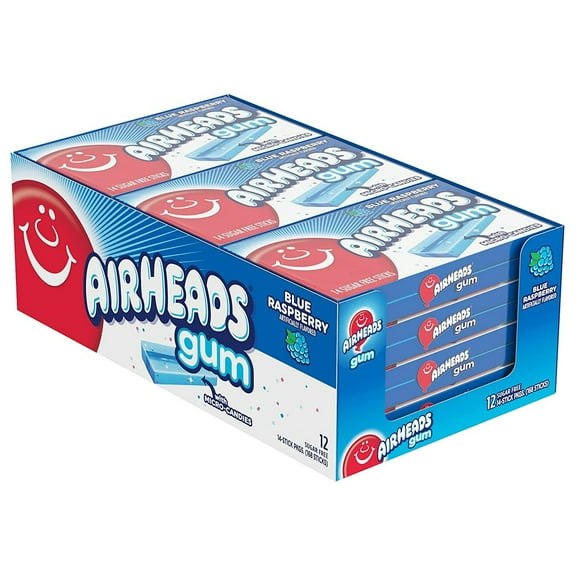 Airheads Candy, Chewing Gum, Blue Rasberry Flavor, Sugar Free, Xylitol, 14 Sticks per Pack, Box of 12 Packs