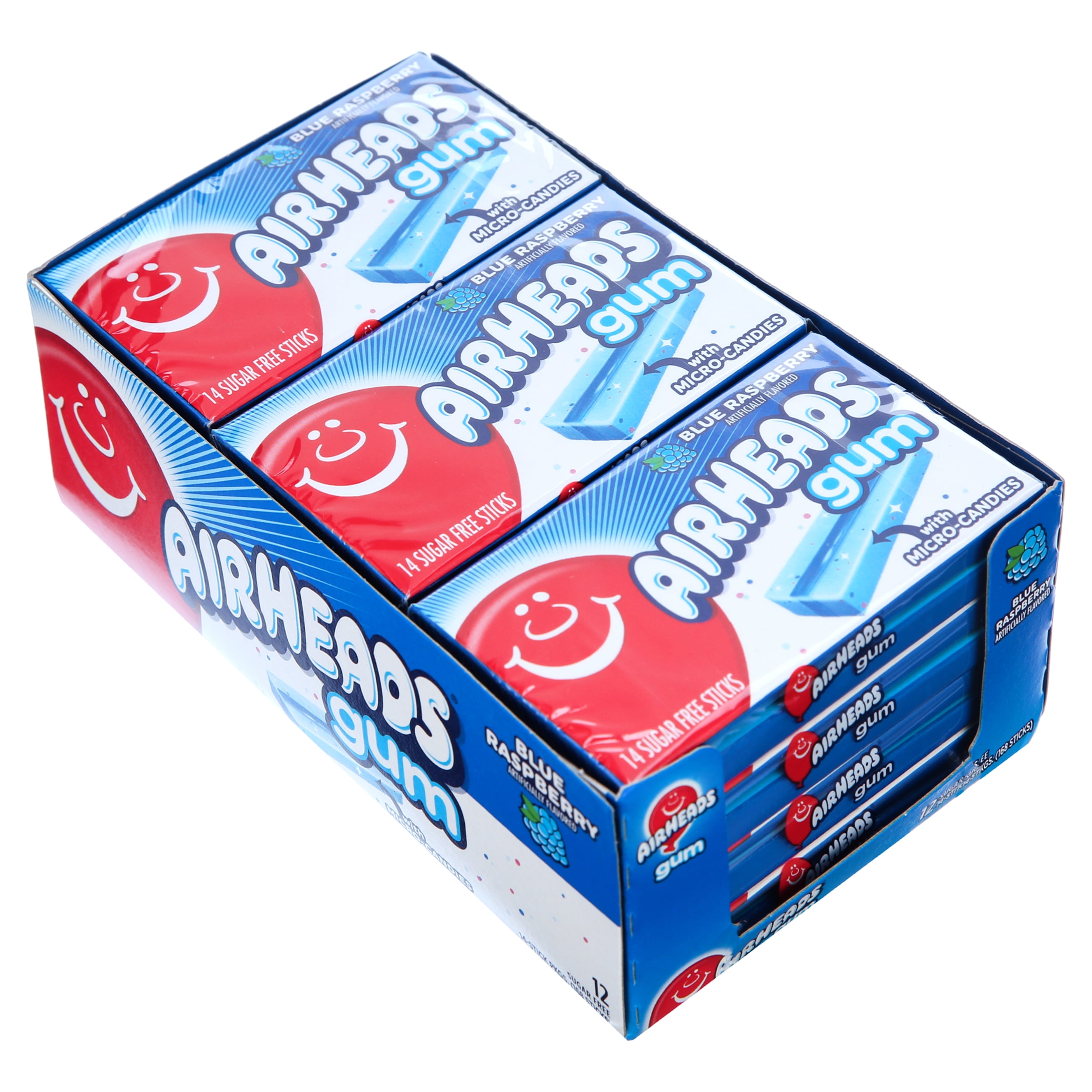 Airheads Candy Chewing Gum Blue Raspberry Sugar Free 14 Regular Size Sticks 12 Pack 7116