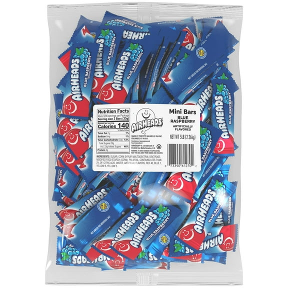 Airheads Candy Mini Bars, Blue Raspberry Flavor, Individually Wrapped, Bulk Box, Non Melting, Party, 5 Pound Bag