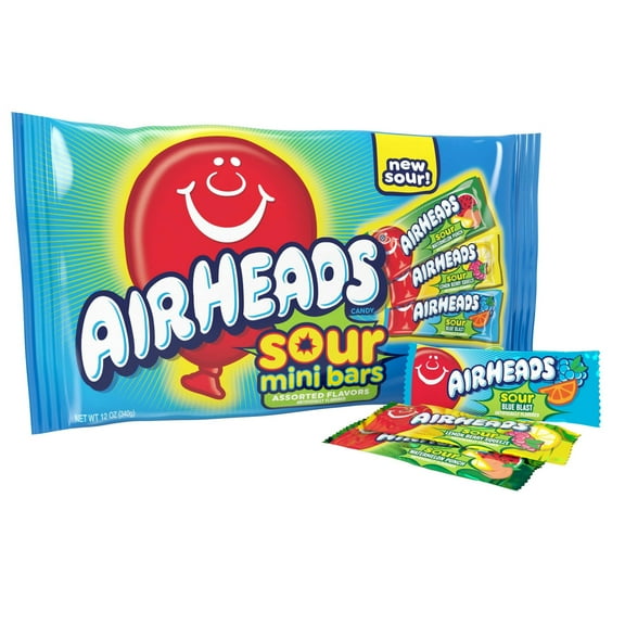 Airheads Sour Mini Candy Bars, Taffy Candy Assorted Bag, Individually Wrapped Candy, Three Assorted Flavors, 12 Oz Bag