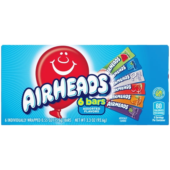 Airheads Peanut-Free Full-Size Chewy Candy Bars, Assorted Fruit Flavors, Bulk Candy Individually Wrapped, 6 Count Box