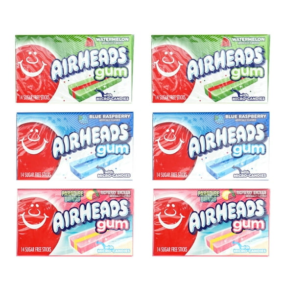 Airheads Sugar Free Gum Variety Pack, 6 Packs Total, 2 Of Each Flavor - Watermelon, Blue Raspberry & Raspberry Lemonade