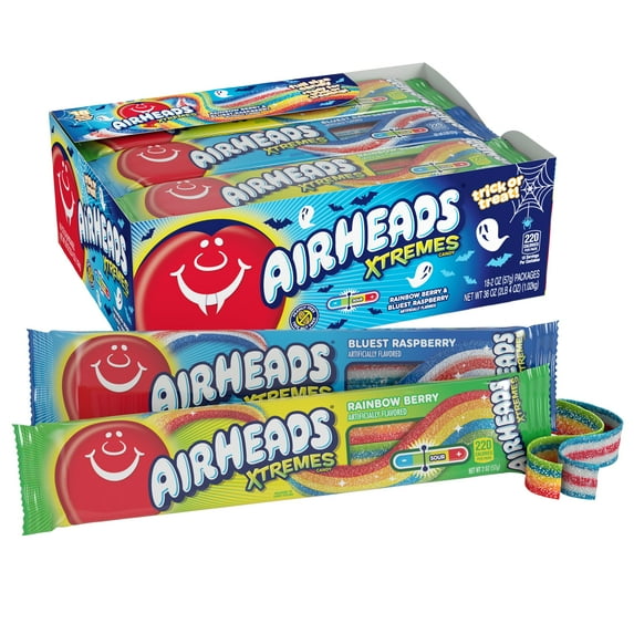 Airheads Xtremes Belts, Halloween Trick or Treat Sweetly Sour Candy, Rainbow Berry and Bluest Raspberry Flavors, Individually Wrapped Bulk Candy for Adults & Kids, Assorted Multipack, 2 oz (Pack o