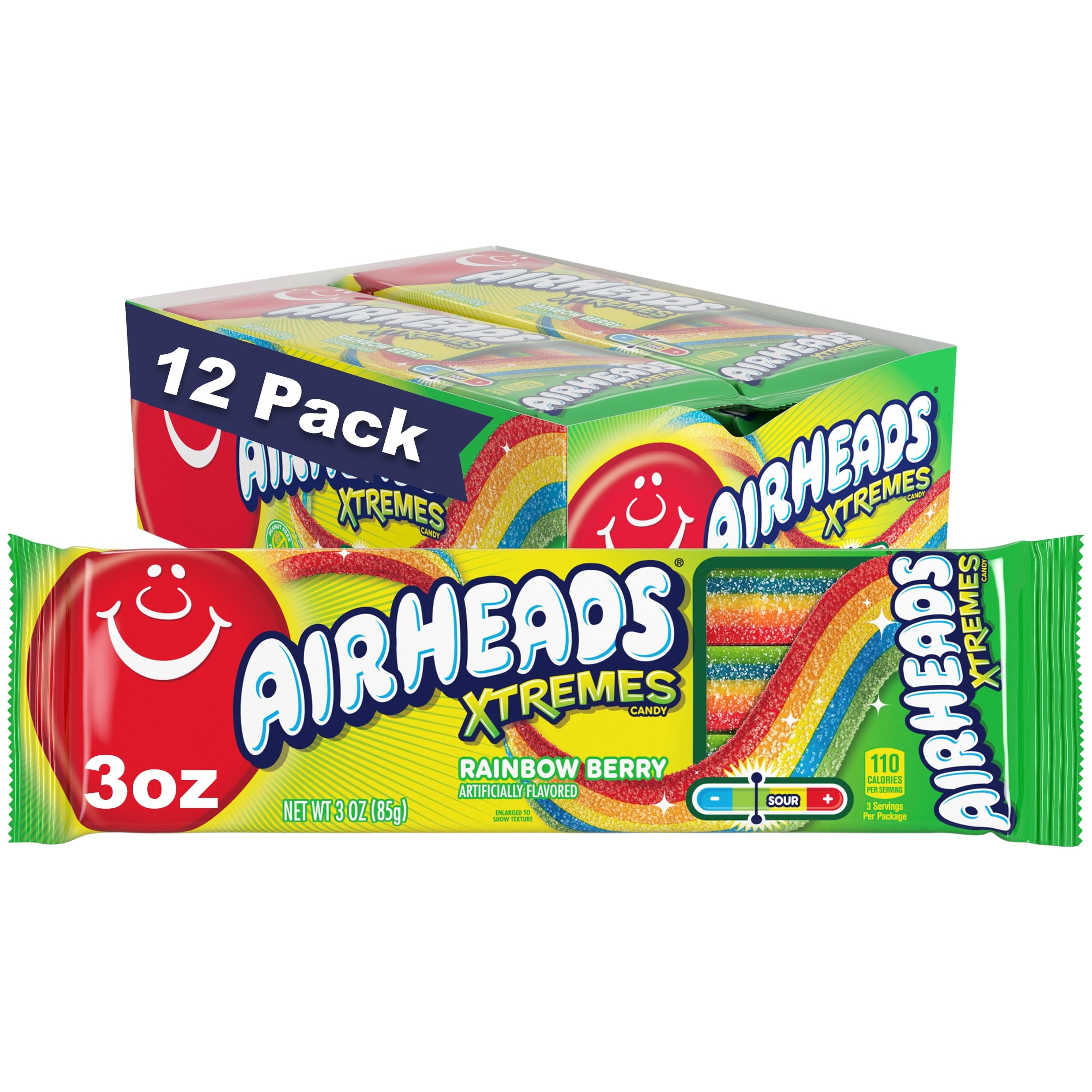 Airheads Xtremes Belts, Rainbow AKF18 Berry Flavor, Sweetly Sour Candy, Non-Melting, Bulk Movie Theater and Party Bag, 3 Ounce (Pack of 12)