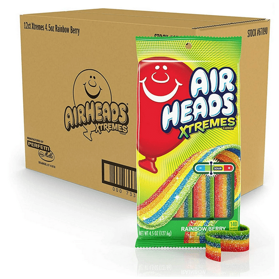 Airheads Xtremes Belts Sour Candy, Rainbow Berry, Non-Melting, Bulk Party Bag, 4.5 Oz., (CASE OF 12)