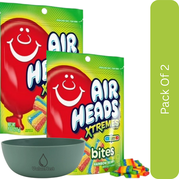 Airheads Xtremes Bites Sweetly Sour Candy, Rainbow Berry, Nut Free, 9 oz Bag-2pk, With Olive Green Bowl By ValueNest