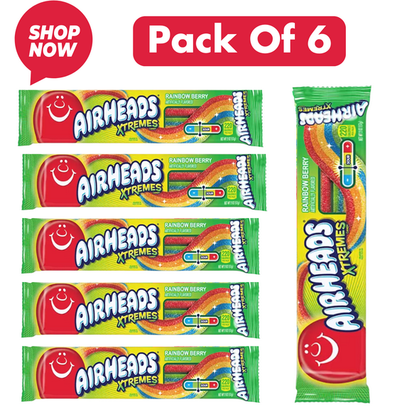 Airheads Xtremes Sour Belts, Rainbow Berry Candy, 2 oz Packs (6 Count Box)  Sweet & Sour Chewy Candy, Nut-Free, Party Treats
