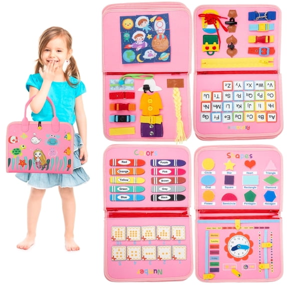 Airhive Busy Board for Fine Motor Skills, Montessori Toy for Autism, Travel Toy for Toddlers, Preschool Learning Toys for 1 2 3 4 Year Old, Gift for Girls & Boys, Pink