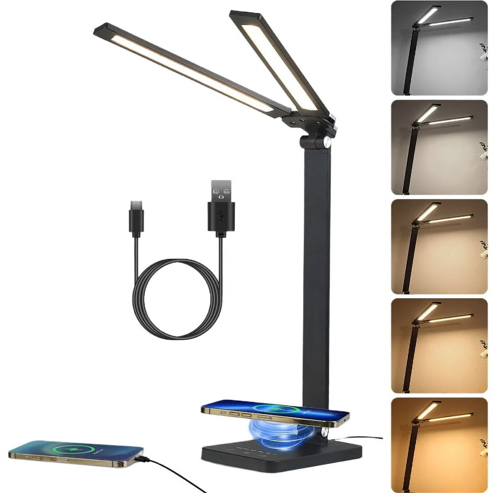 Airtok Desk Lamp, Double Head LED Desk Light for Home office, 20W Eye Caring, Wireless Charging, USB Port, Timmer,5 Color Modes, Black