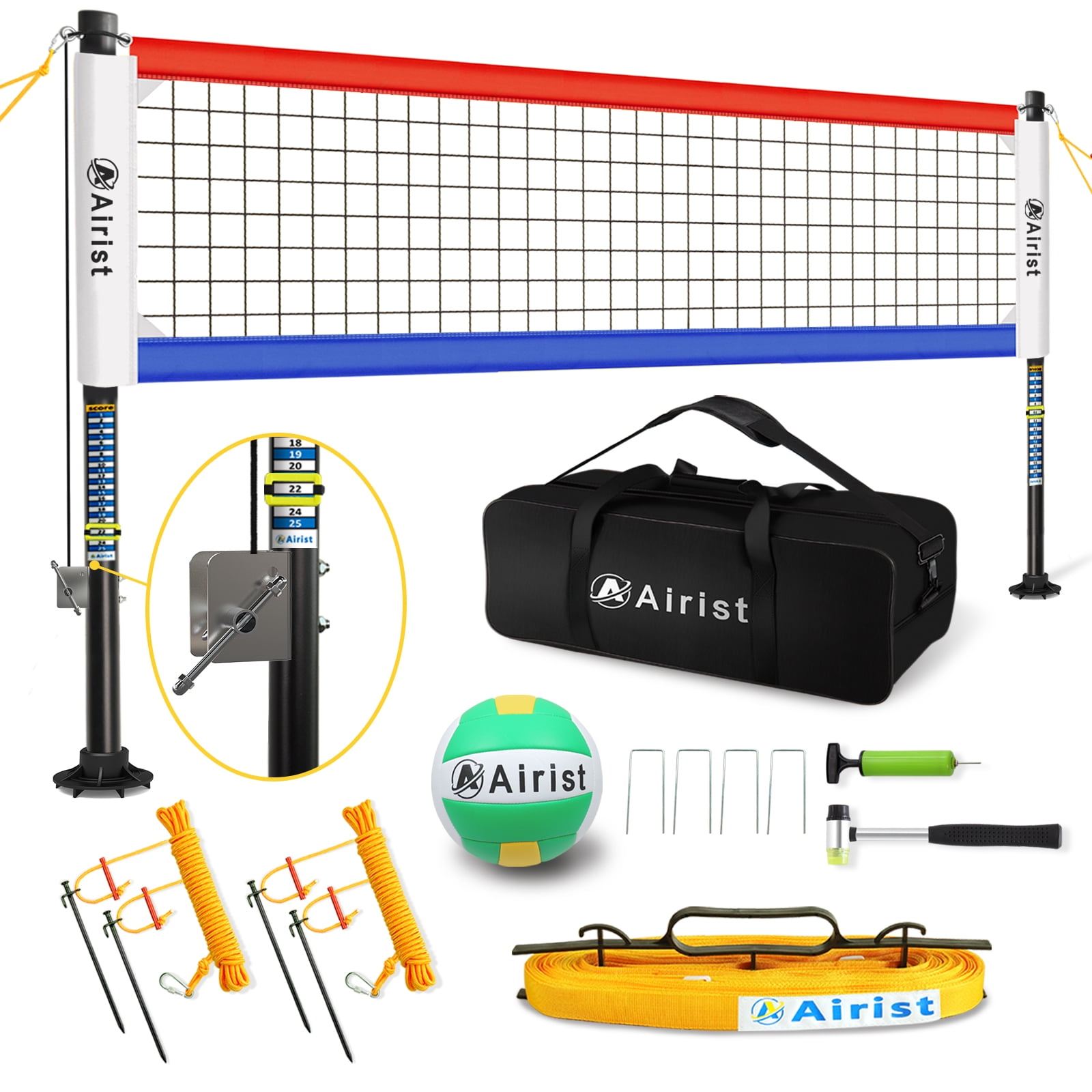 Airist Heavy Duty Volleyball Net Outdoor with Steel Anti-Sag System, Adjustable Aluminum Poles, Professional Volleyball Nets Set for Backyard and Beach, Volleyball and Carrying Bag(Red and Blue)