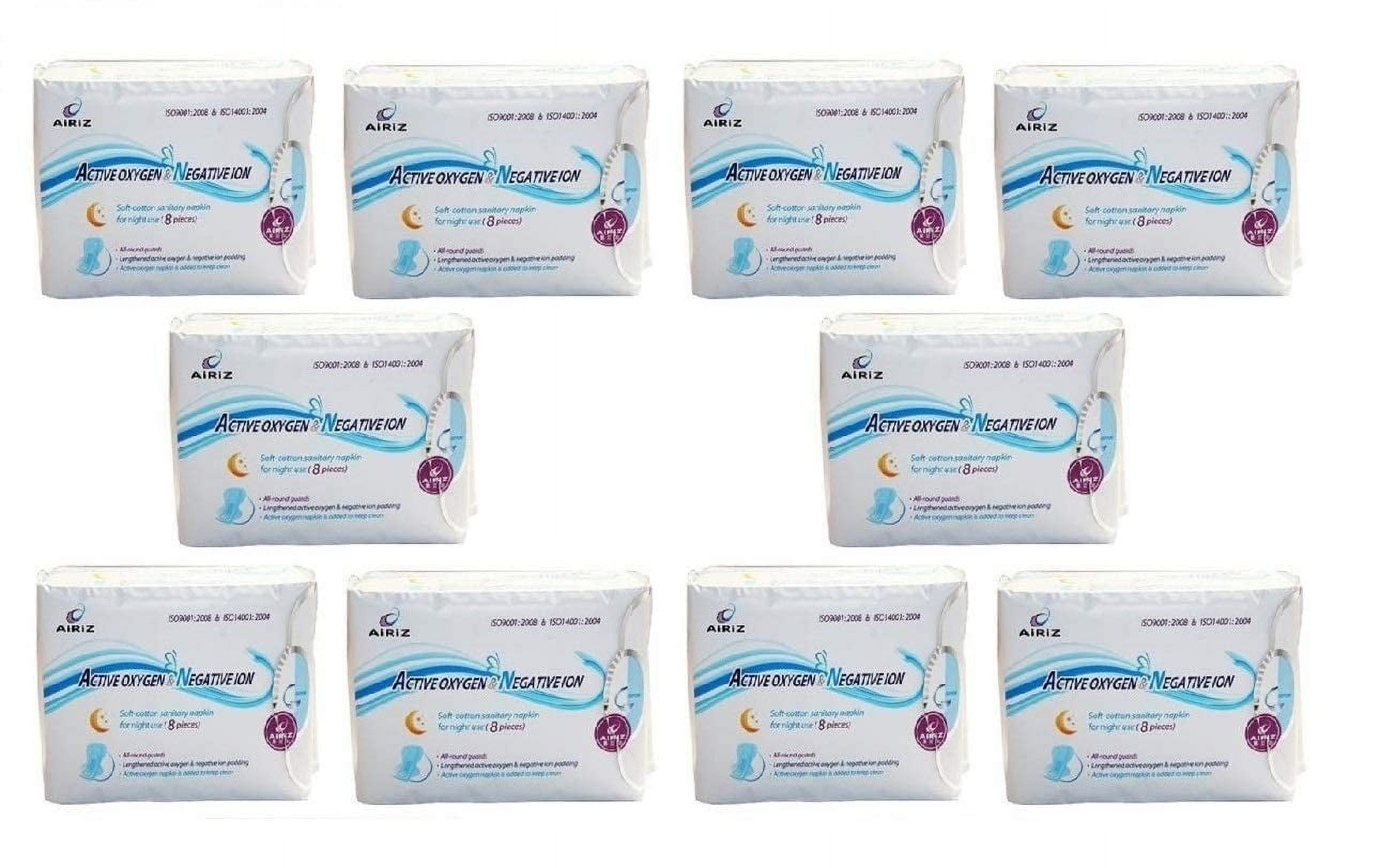 Airiz Active Oxygen \u0026 Negative Ion Relax Soft Cotton Sanitary Napkin For Night Use -(80 Pads In 10 Pack) Sanitary Napkin/Pad