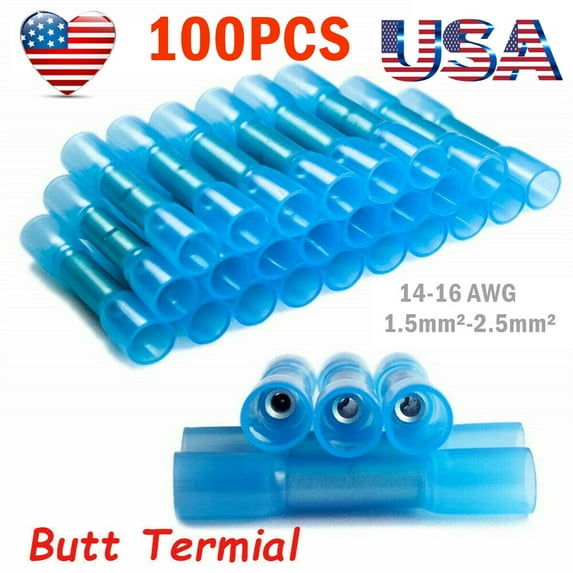 Airkoul 100Pcs Blue Heat Shrink Butt Wire Connectors Crimp Terminals AWG 16-22 Gauge