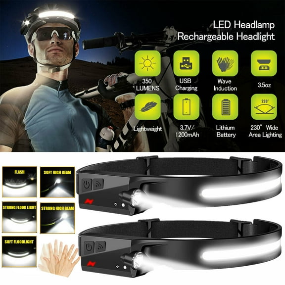 Airkoul Waterproof COB LED Motion Sensor Headlamp Flashlight Head Torch Headlight USB Rechargeable 2 Pack