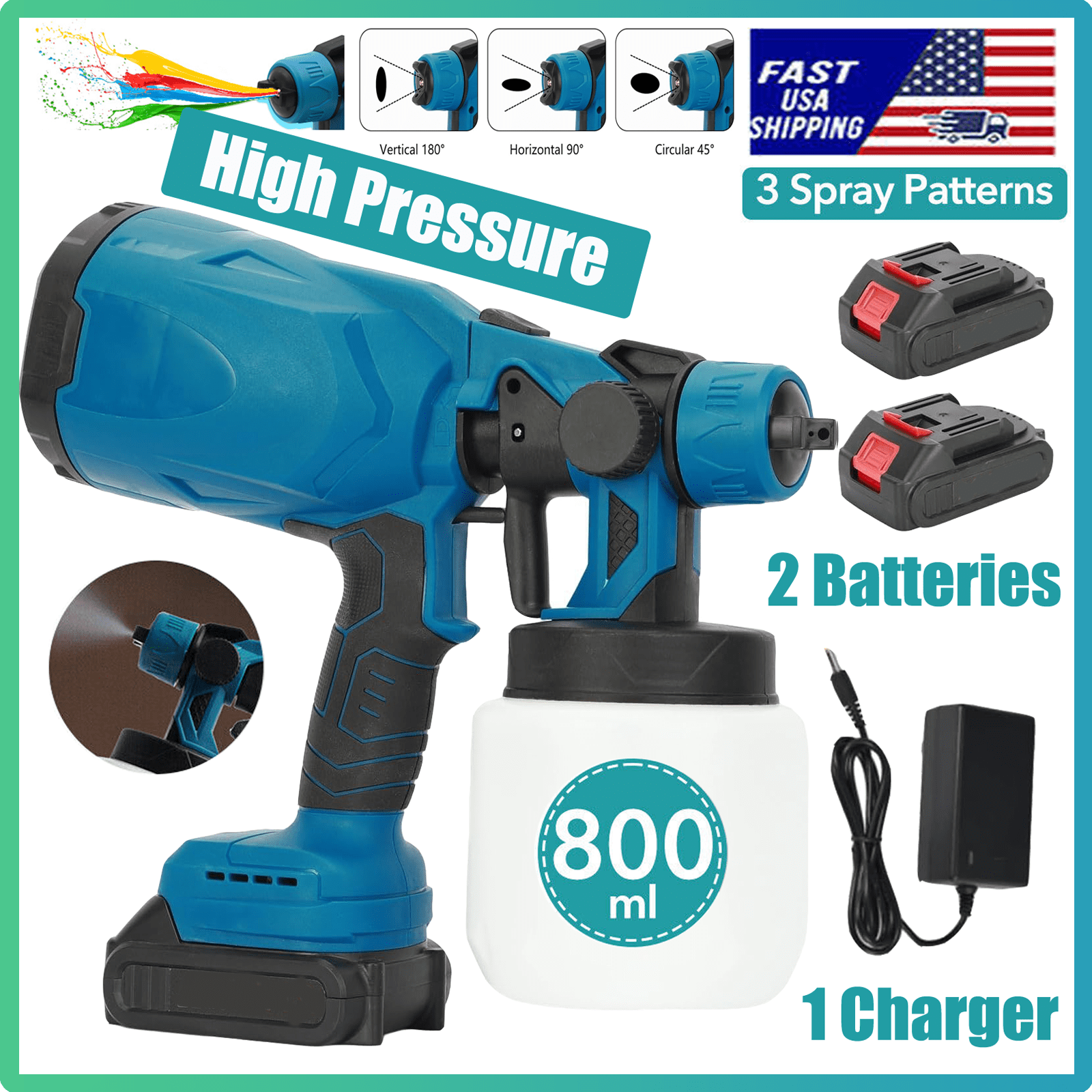 Airless Cordless Paint Sprayer,2*Rechargeable 2.0 Ah Batteries,21V