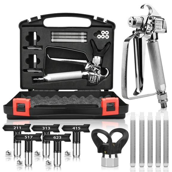 Airless Paint Sprayer Gun Kit with Tip Guard and 5 Pieces Tips 3600 PSI Airless Paint Sprayer Gun & 5 Pieces Airless Paint Spray Gun Filter and Spraying Equipment Storage Box (211,313,415,517,623)