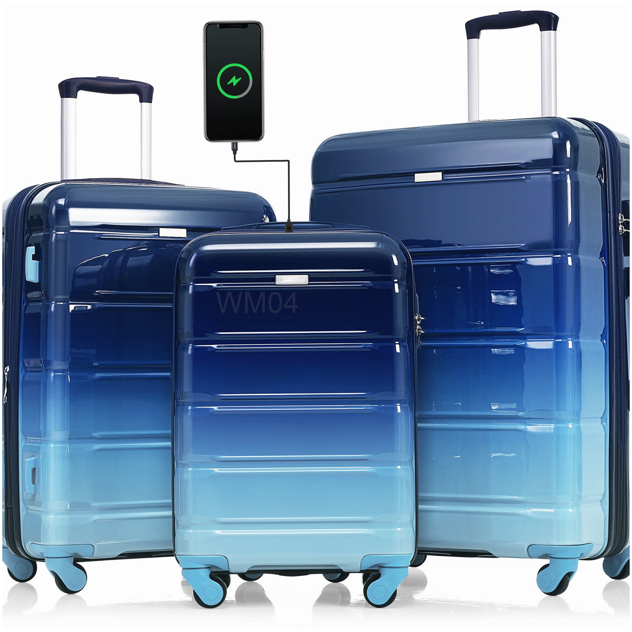 Airline Approved Carry-On Luggage Set with USB, 3-Piece Blue Hardshell Suitcase with 360° Spinner Wheels