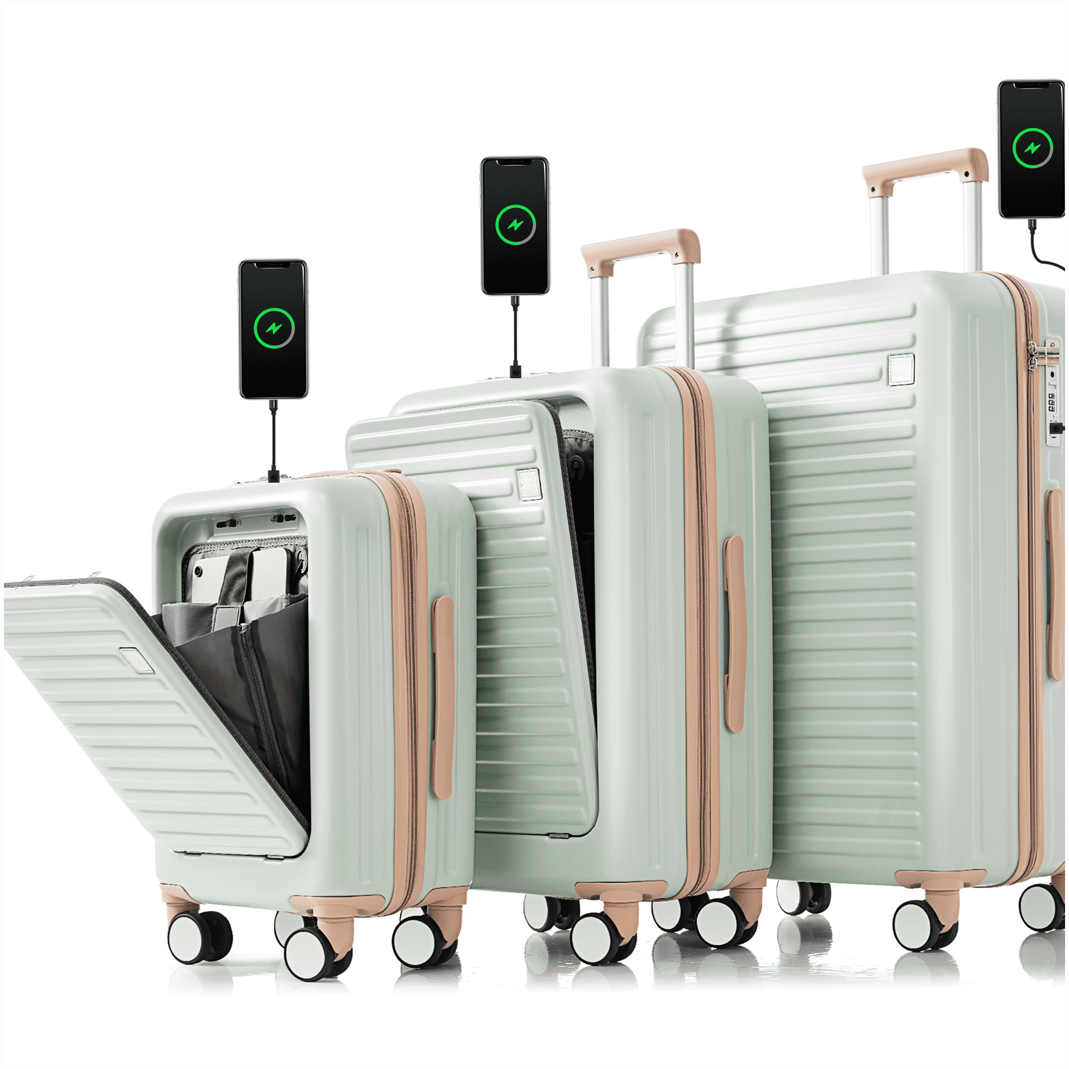 Airline Approved Carry On Luggage Set with USB Port, Front Opening, ABS Hard Shell & Spinner Wheels