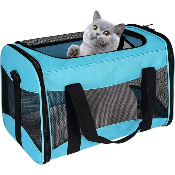 Airline Approved Cat Carrier - Portable & Breathable Pet Travel Carrier with Removable Fleece Pad, Collapsible Soft-Sided Pet Carrier for Medium & Small Cats, Small Dogs - Medium, Blue