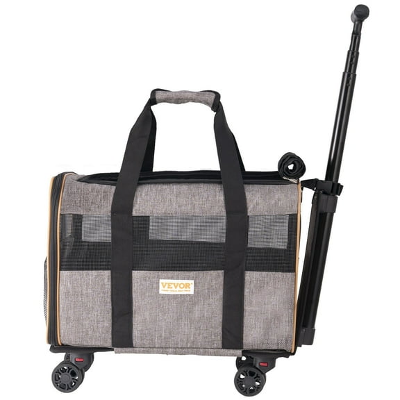 Airline Approved Cat & Dog Carrier with Wheels, Rolling Pet Travel Carrier with Telescoping Handle & Shoulder Strap for Pets Under 22 lbs, Includes Foldable Bowl, Grey  TSA Compliant