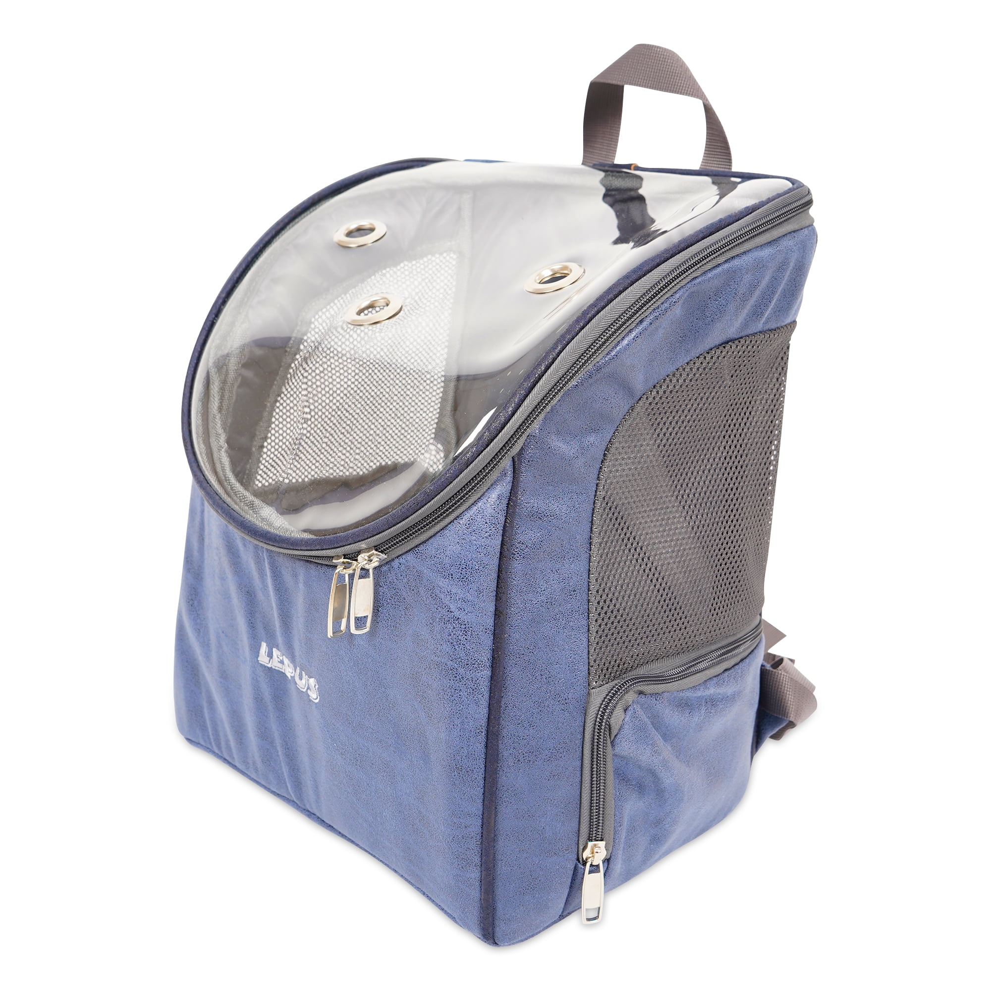 Airline Approved Dog and Cat Backpack Carrier for Small Dogs - Water, Stain Proof Dog Hiking Backpack with Mesh Cover, Waist Belt - BLUE-LEATHER