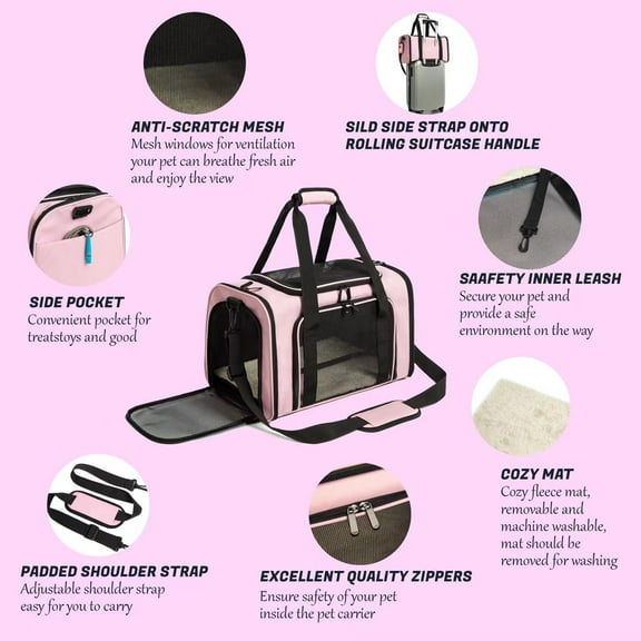 Airline Approved Pet Carrier for Small Dogs & Cats, Collapsible Travel Bag with Adjustable Straps, Pink