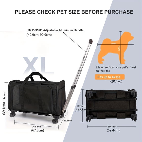 Airline-Approved Pet Carrier with Detachable Wheels for Dogs & Cats - Retractable Handle, Stress-Free Air Travel, Black & Gray (33.9"