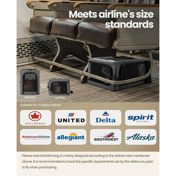 Airline Approved Soft-Sided for Cats & Dogs to 12lbs, Breathable and Stable Travel Bag with Safety Features Gray