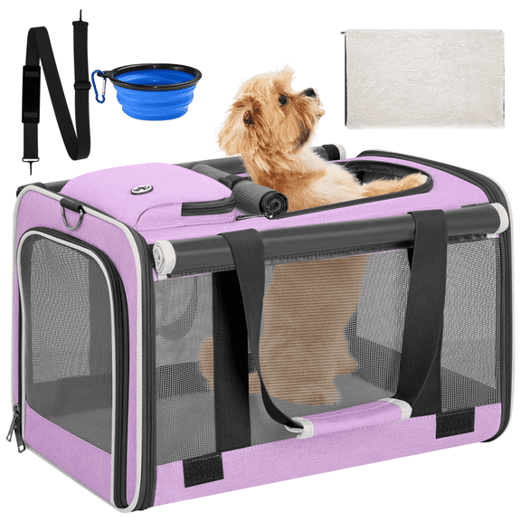 CshidWorld Cat Carriers for Large Cats up to 25LB, Large Cat Carrier with a Bowl, Soft Sided Carrier with 2 Side Roller Blinds for Pet Cat Kitten Small Dog Puppies Airline Approved, Purple