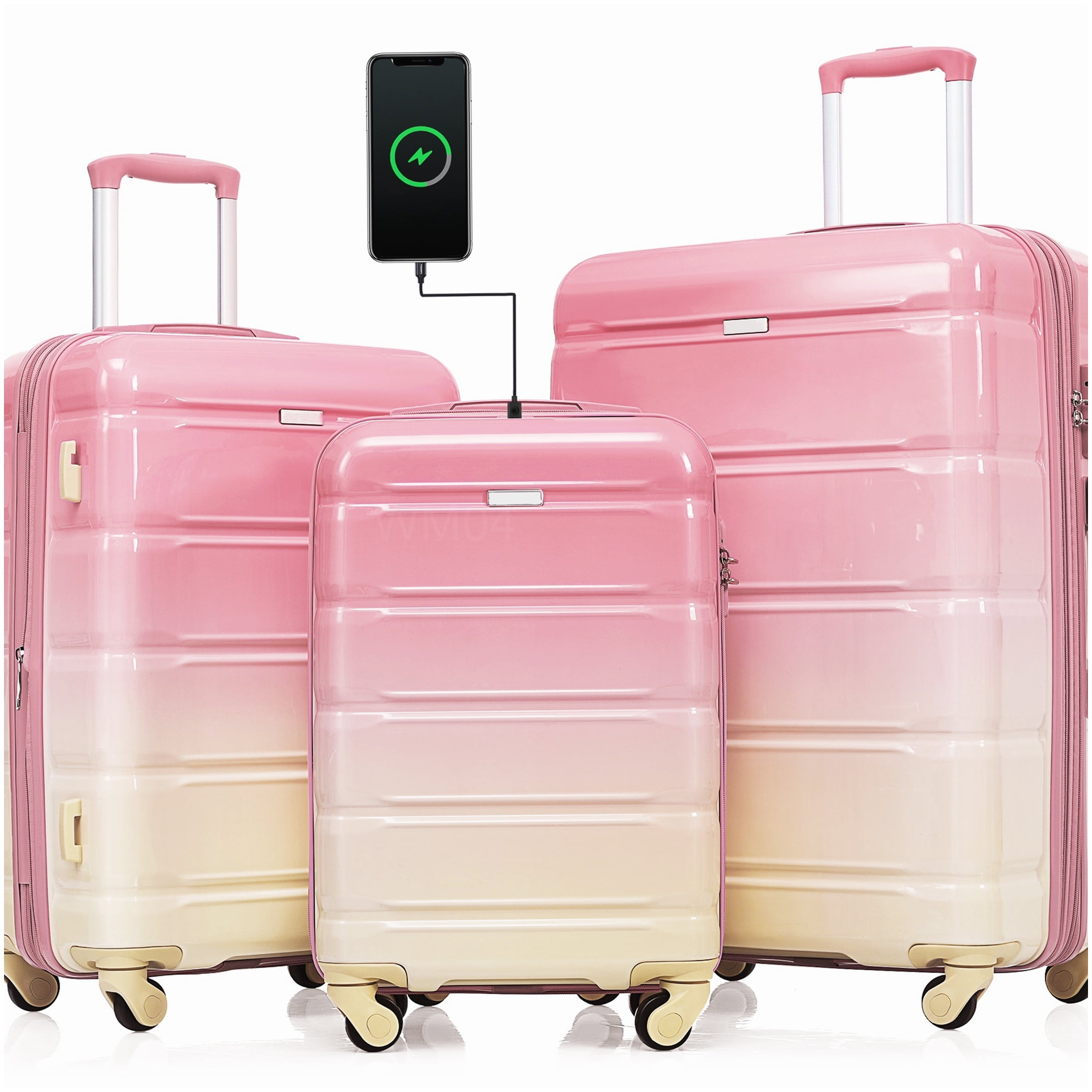 Airline Certified 20-Inch Carry-On Luggage, Pink 3-Piece Set with USB ...