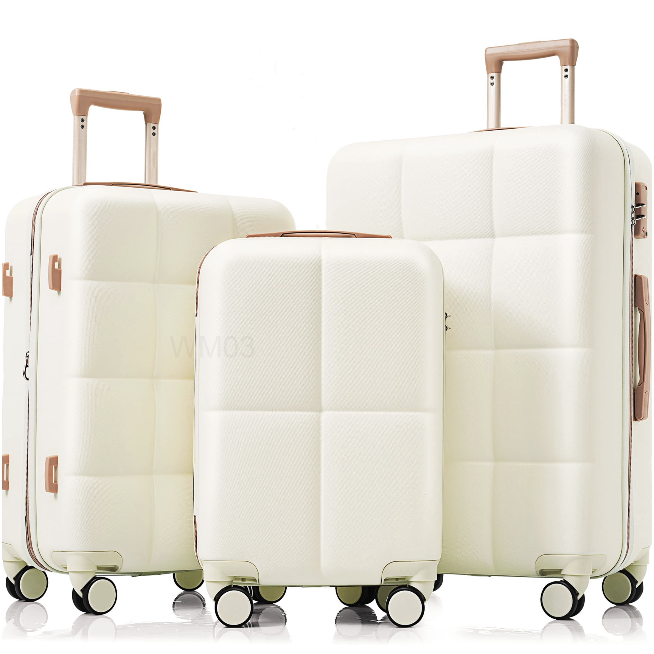 3-Piece Spinner Luggage Set with Cup Holder, ABS Hard Shell Airline Approved Suitcase in White and Gold