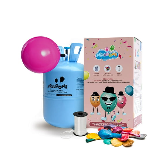 Airloons Portable Disposable 12inch Helium Tank Balloon Kit with 50 Multicolor 9-inch Latex Balloons