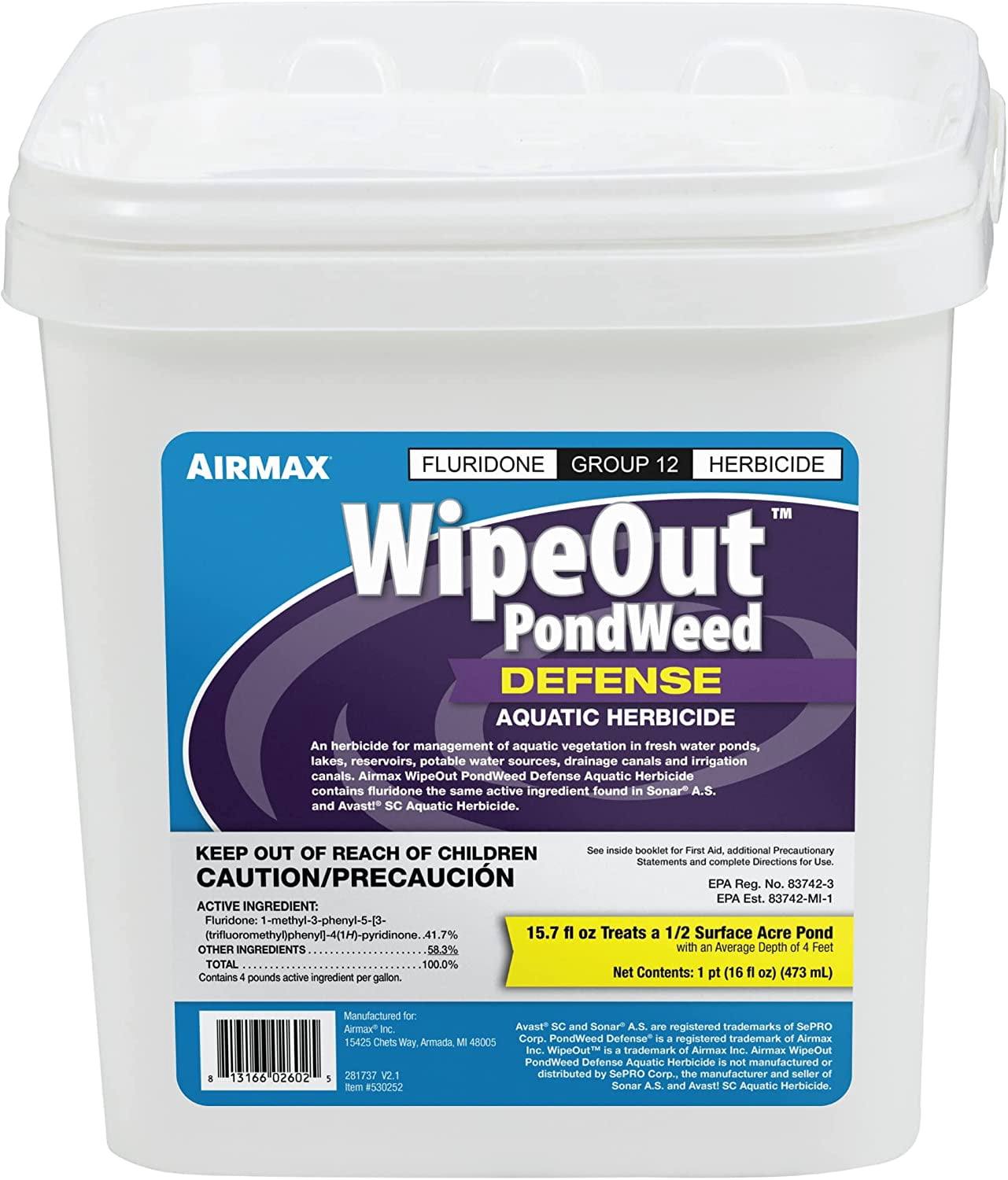 Airmax WipeOut Aquatic Herbicide, Fluridone Controls Submerged & Floating Pond Weeds, 16 Oz