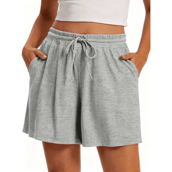 Airmenty Athleisure Shorts for Women Summer Casual Elastic High Waisted Wide Leg Shorts Pull On Short with Pockets S-2XL