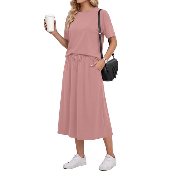 Airmenty Two Piece Skirt Set for Women Midi Dress Sets Summer Casual Vacation Travel Matching Set with Pockets S-2XL