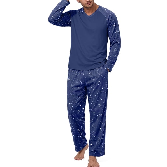 Airmenty Men's Pajama Set Long Sleeve V-Neck Lightweight Sleepwear Shirts and Bottoms Soft Comfy 2 Piece Pjs Loungewear with Pockets S-2XL