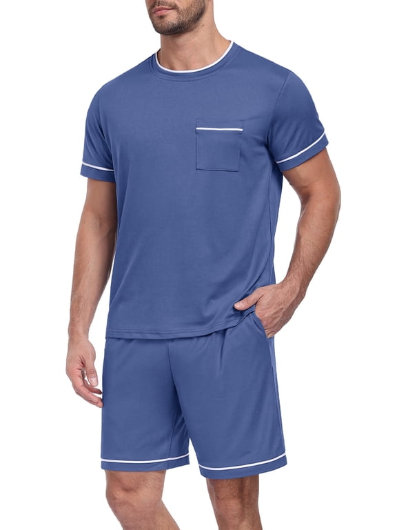 Men's Pajama Set Short Sleeve Crew Neck Summer Pjs Sets 2 Piece Sleepwear With Pockets S-2XL