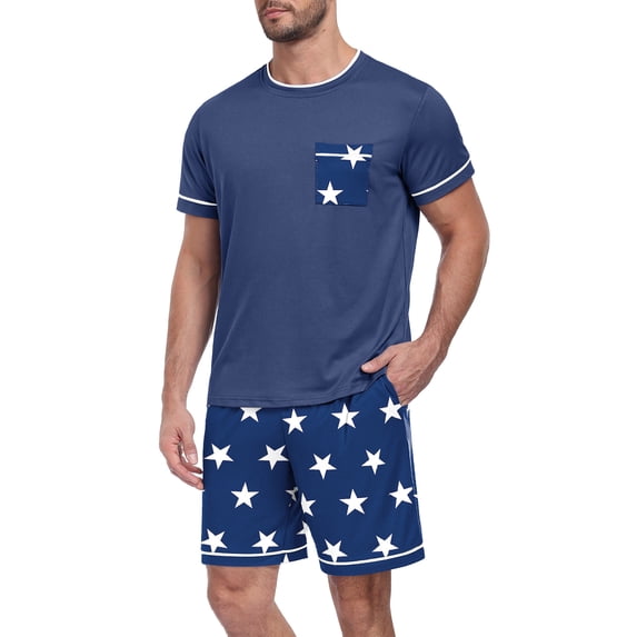 Airmenty Men's Pajama Set Short Sleeve Crew Neck Summer Pjs Sets 2 Piece Sleepwear With Pockets S-2XL
