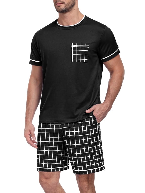 Men's Pajama Set Short Sleeve Crew Neck Summer Pjs Sets 2 Piece Sleepwear With Pockets S-2XL