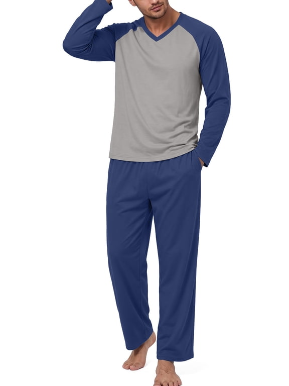 Men's Pajama Set Loungewear Lightweight Sleepwear Long Sleeve Shirts and Bottoms Soft Comfy Sleep Sets 2 Piece Pjs with Pockets S-2XL