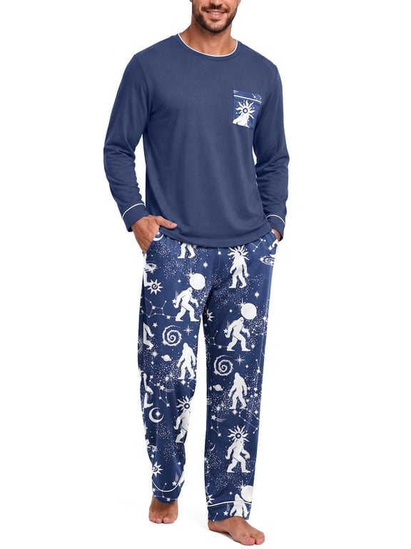 Men's Pajama Set Long Sleeve Sleepwear Lightweight Loungewear Shirts and Bottoms Soft Comfy Sleep Sets with Pockets S-2XL