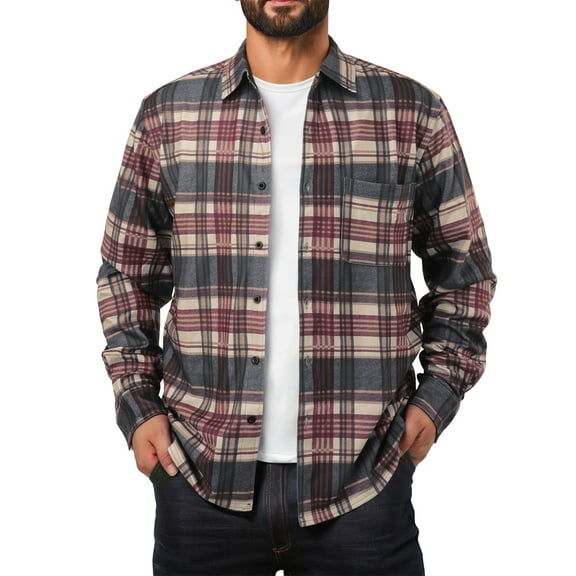 Airmenty Men's Plaid Jacket Flannel Shirt Long Sleeve Casual Button Down Coat Lightweight Jacket with Chest Pocket