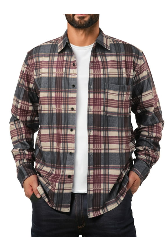 Men's Plaid Jacket Flannel Shirt Long Sleeve Casual Button Down Coat Lightweight Jacket with Chest Pocket